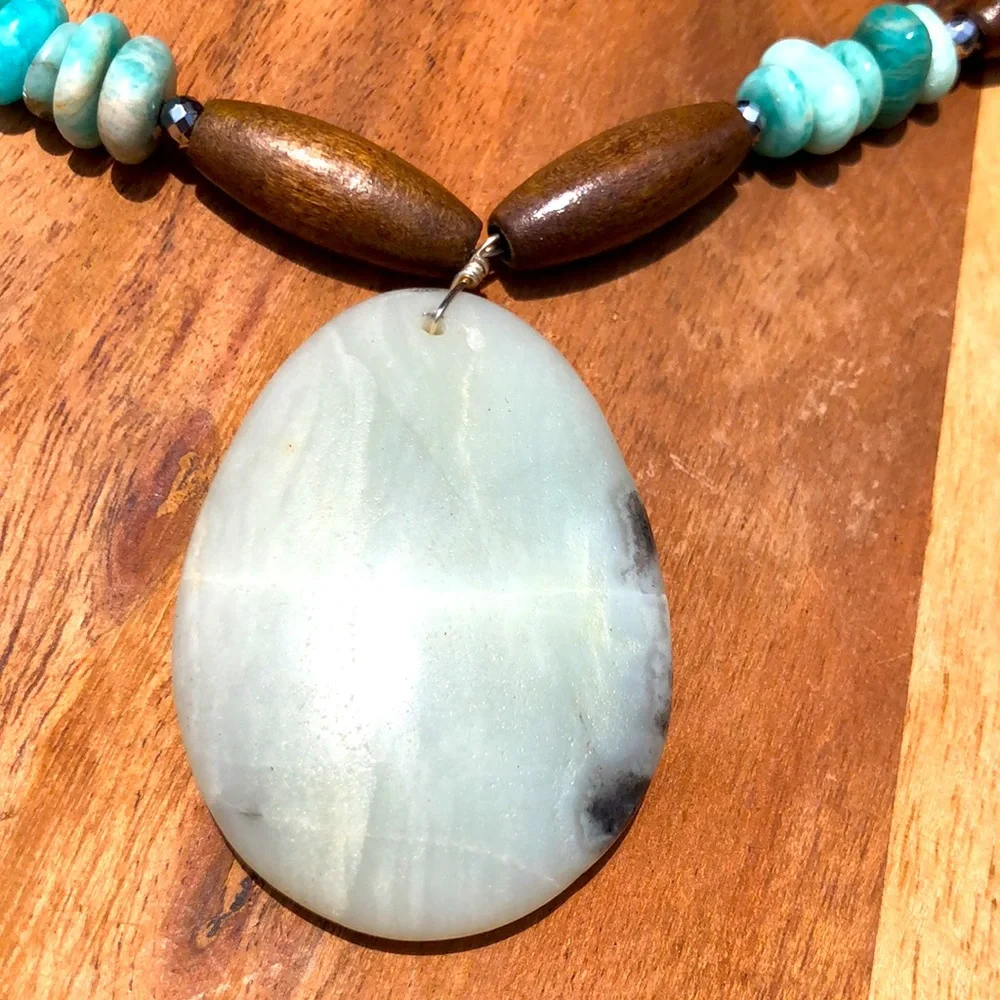Blue turquoise & wood beaded necklace 11” with a 2” extender